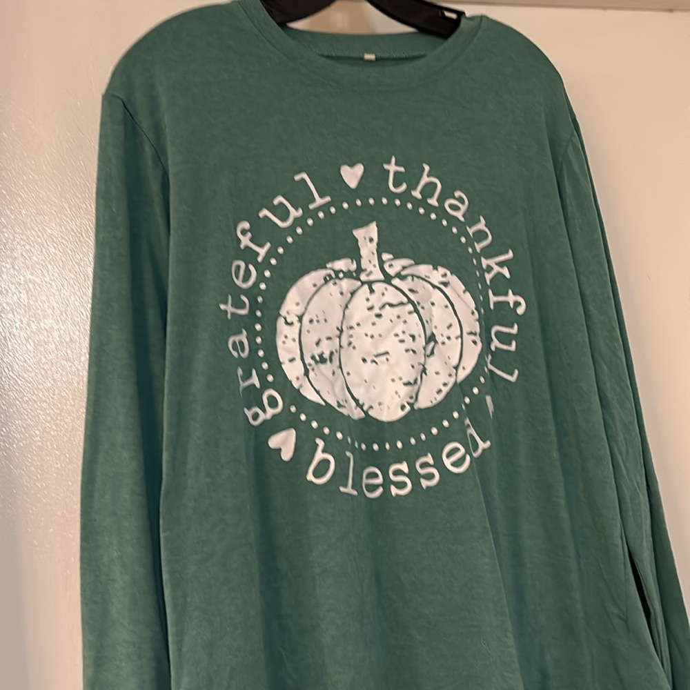 Grateful, thankful and blessed long sleeved green t-shirt XL